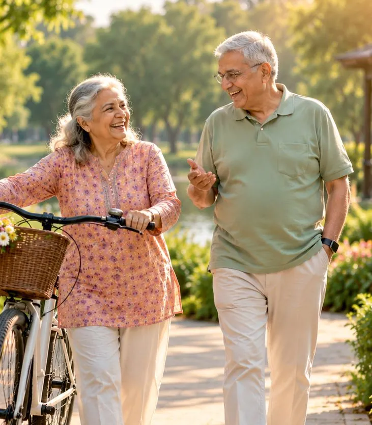 Illustrative image of an older couple walking with a bicycle along a garden path