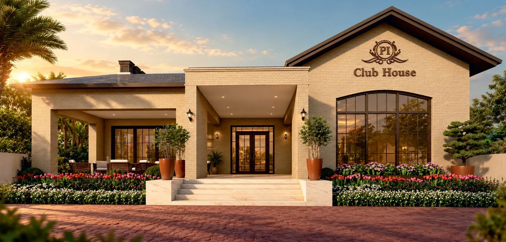 Render of the PI Club House: a cream-brick single-storey building with arched glazing and tulip beds