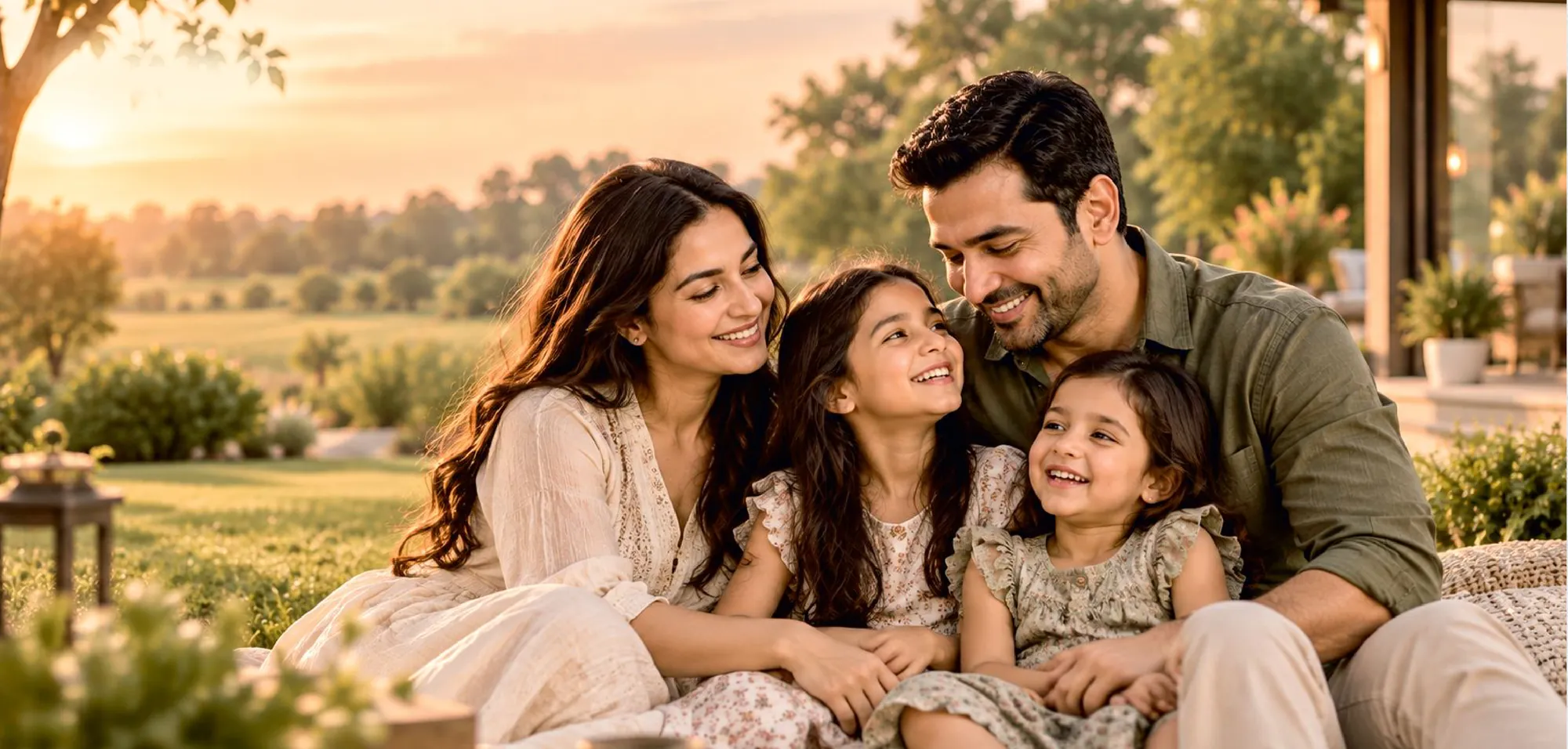 Illustrative lifestyle image of a family of four relaxing on a lawn at sunset